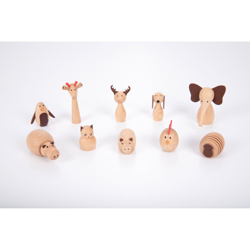 A set of charming, painted wooden animal figures designed for imaginative play, storytelling, and early learning activities.