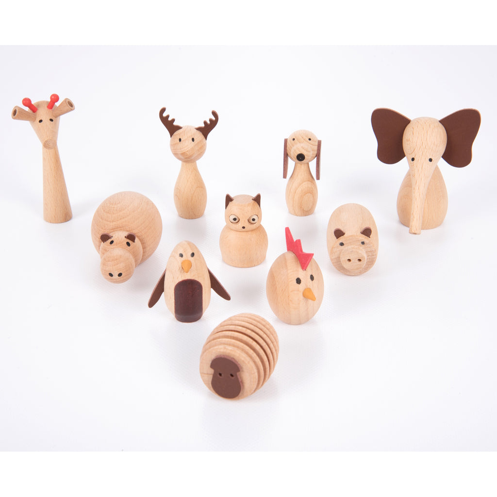 A set of charming, painted wooden animal figures designed for imaginative play, storytelling, and early learning activities.