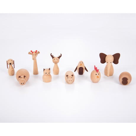 A set of charming, painted wooden animal figures designed for imaginative play, storytelling, and early learning activities.