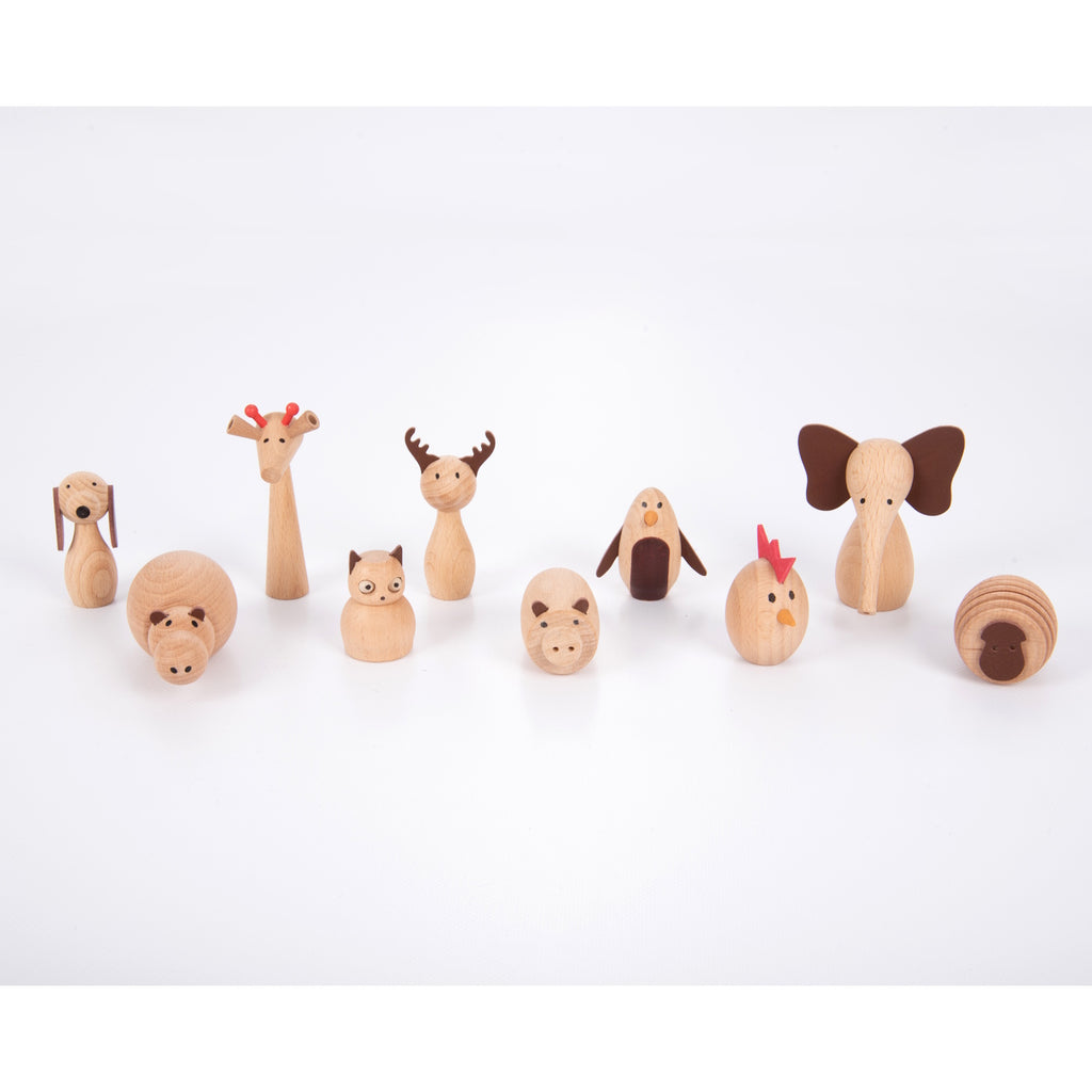 A set of charming, painted wooden animal figures designed for imaginative play, storytelling, and early learning activities.