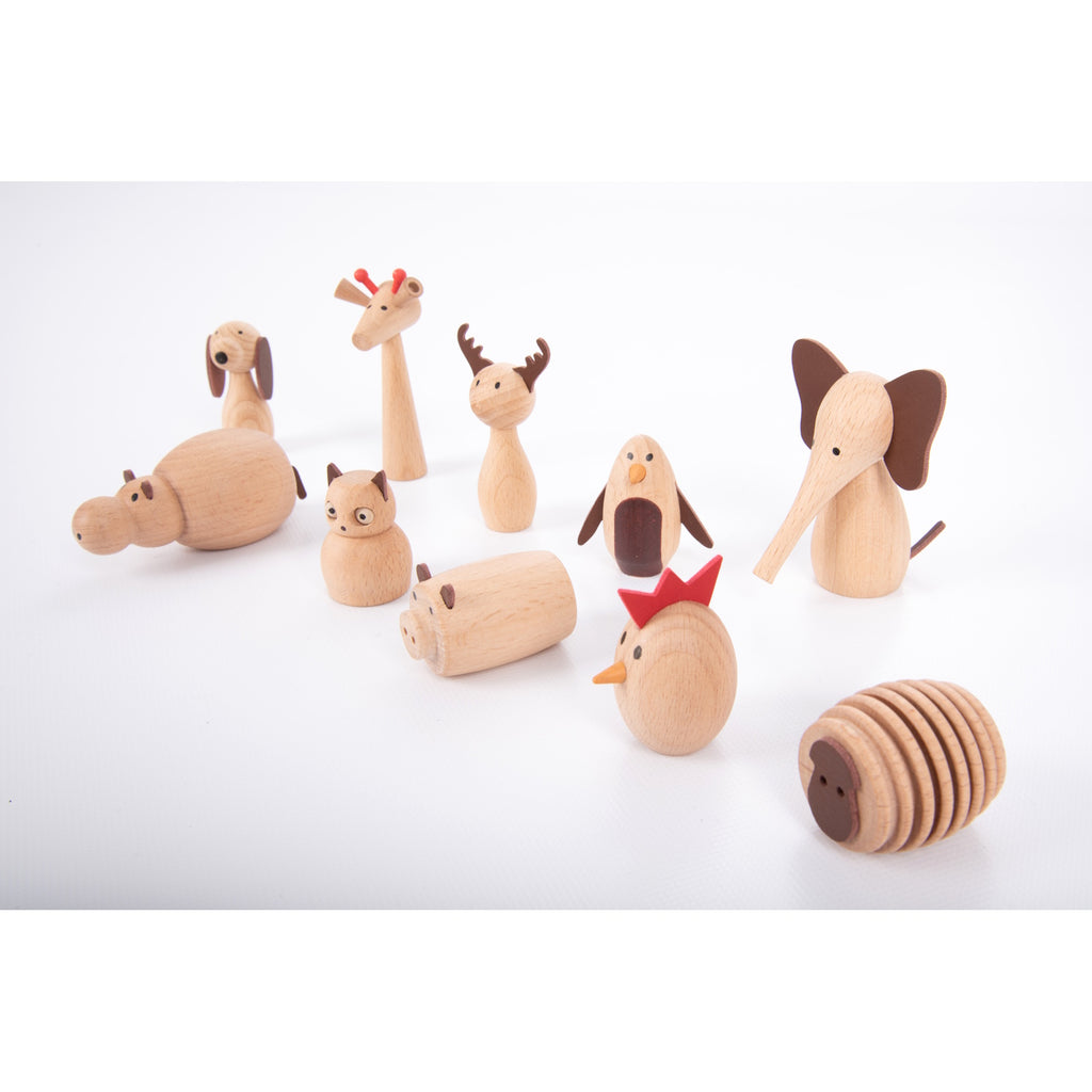 A set of charming, painted wooden animal figures designed for imaginative play, storytelling, and early learning activities.