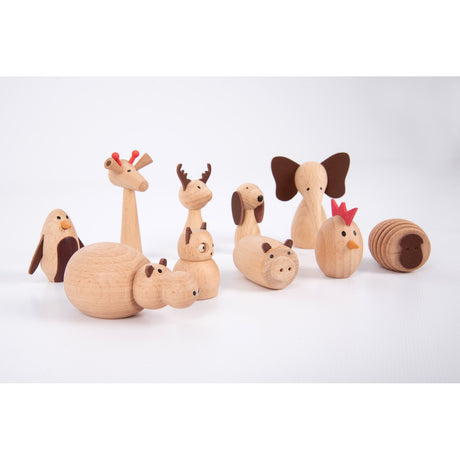 A set of charming, painted wooden animal figures designed for imaginative play, storytelling, and early learning activities.