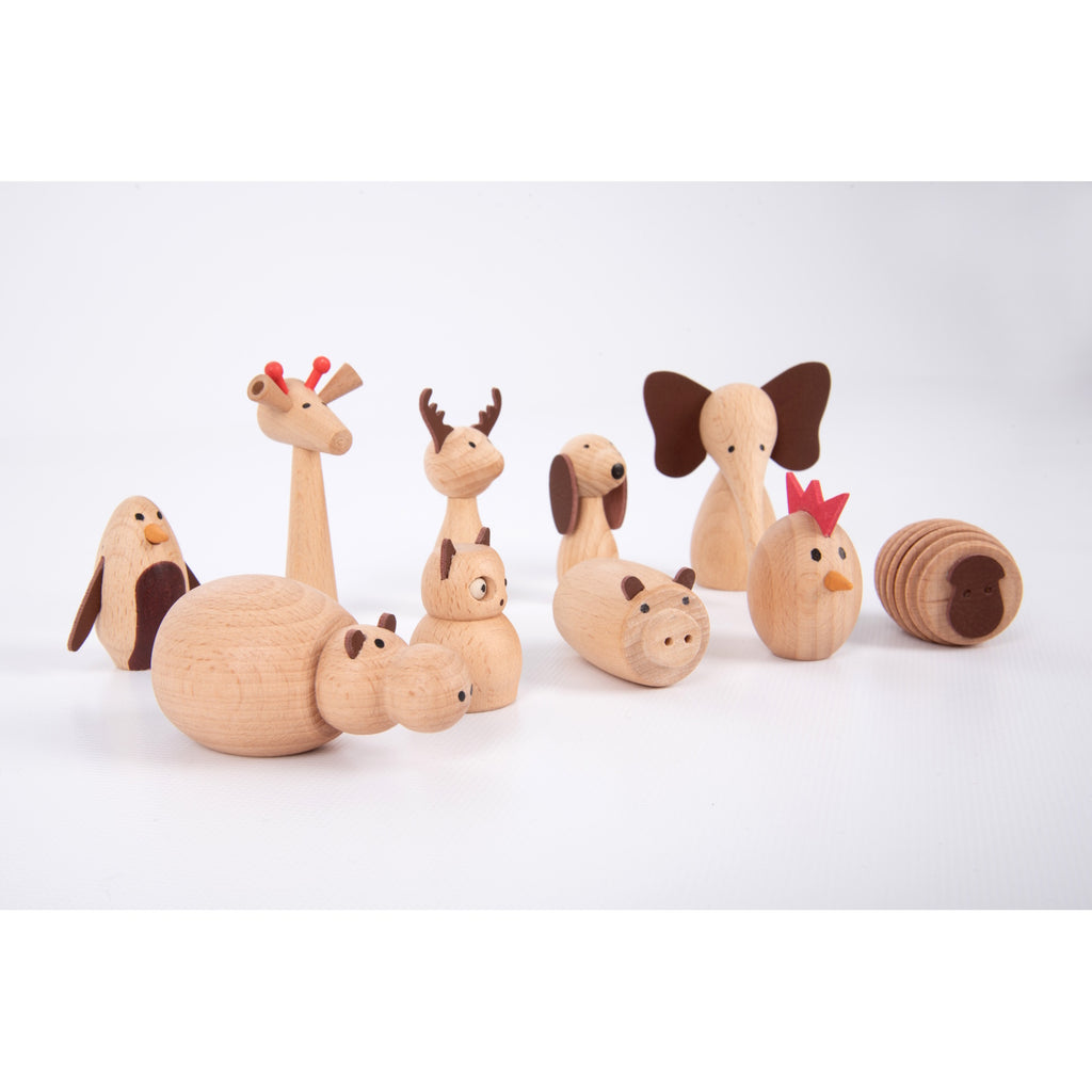 A set of charming, painted wooden animal figures designed for imaginative play, storytelling, and early learning activities.