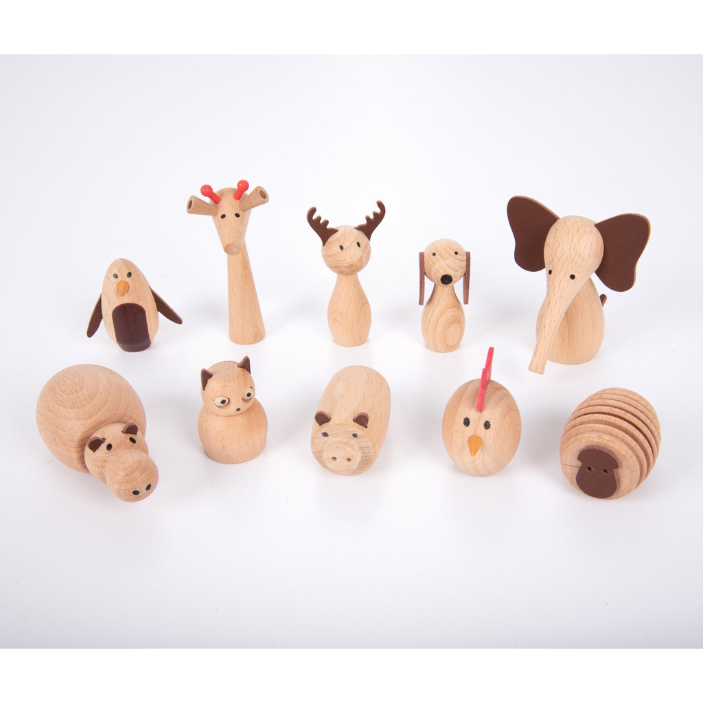 A set of charming, painted wooden animal figures designed for imaginative play, storytelling, and early learning activities.