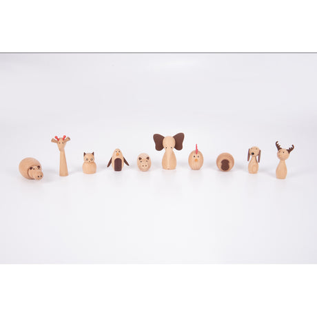A set of charming, painted wooden animal figures designed for imaginative play, storytelling, and early learning activities.