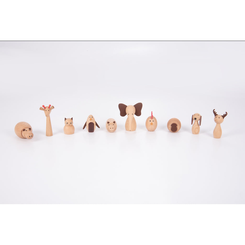 A set of charming, painted wooden animal figures designed for imaginative play, storytelling, and early learning activities.