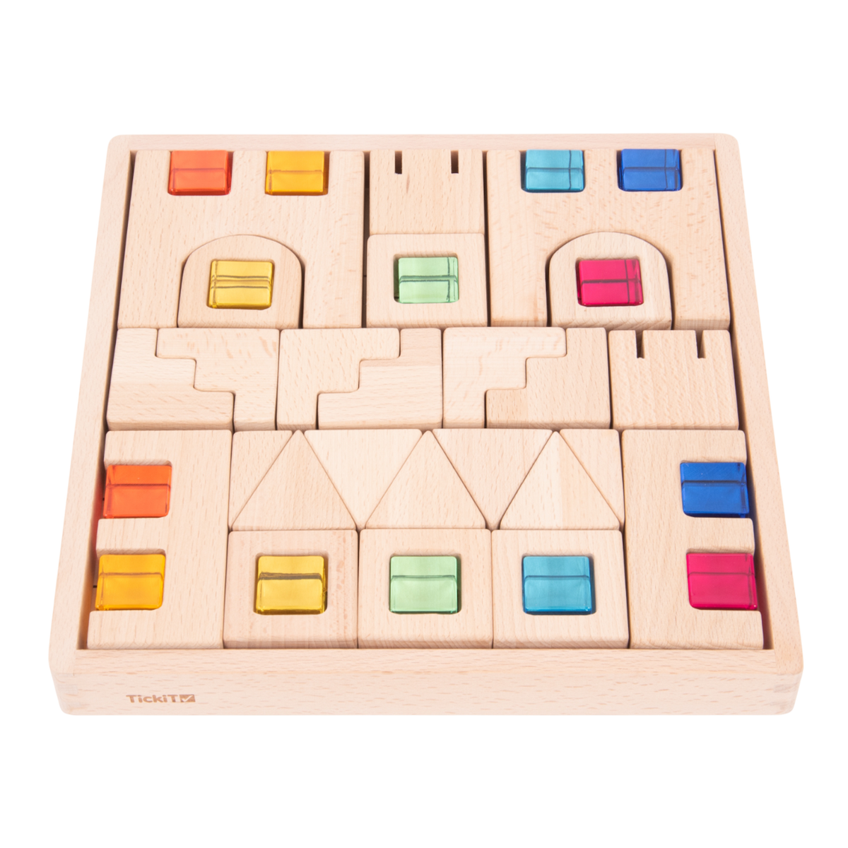 A set of wooden construction blocks with embedded colorful gems, designed to enhance imaginative play, light exploration, and fine motor skills.