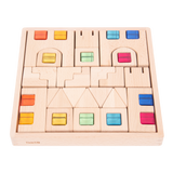 A set of wooden construction blocks with embedded colorful gems, designed to enhance imaginative play, light exploration, and fine motor skills.
