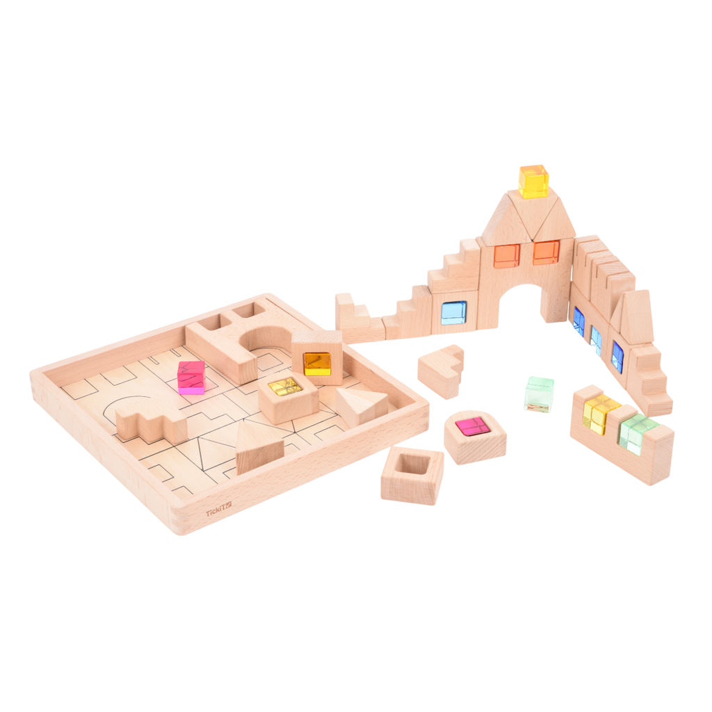 A set of wooden construction blocks with embedded colorful gems, designed to enhance imaginative play, light exploration, and fine motor skills.