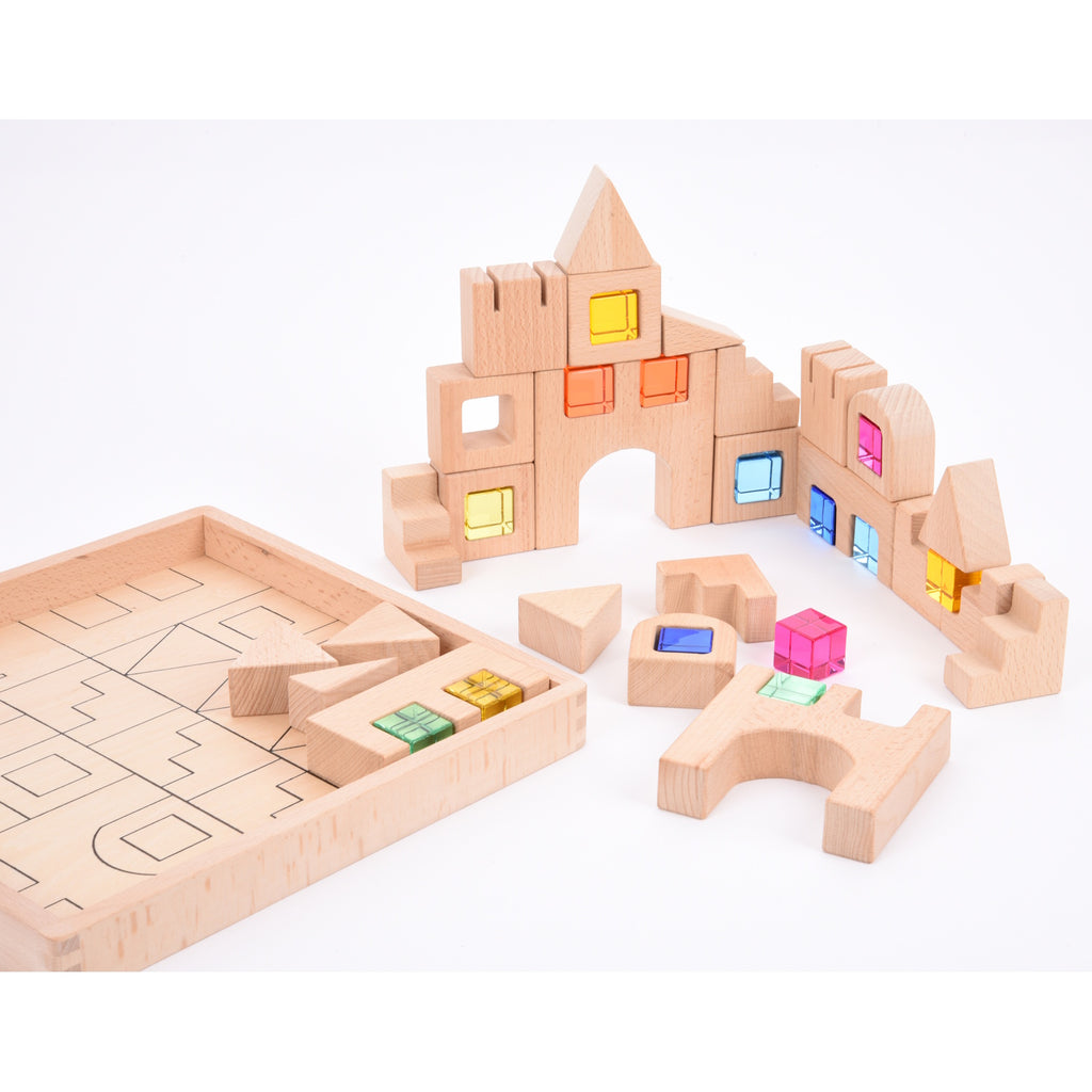 A set of wooden construction blocks with embedded colorful gems, designed to enhance imaginative play, light exploration, and fine motor skills.