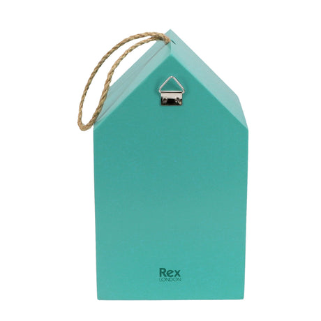 Back view of a teal Rex London wooden butterfly hotel with a hanging rope and metal wall mount on a white background.