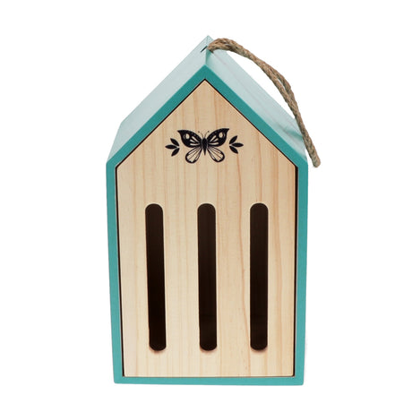 Wooden butterfly house with teal trim, natural wood front, three vertical slots, and a black butterfly illustration.