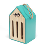 Teal and light wood butterfly house with vertical slots, a black butterfly graphic, and a hanging jute rope.