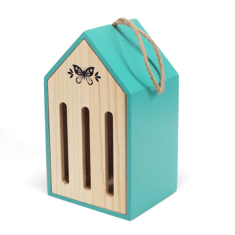 Teal and light wood butterfly house with vertical slots, a black butterfly graphic, and a hanging jute rope.