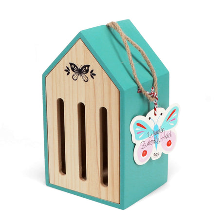 Teal and wood butterfly hotel house with three vertical slots, a butterfly illustration, and a Rex London product tag.