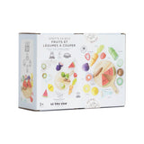 Back of the packaging box for Le Toy Van wooden play food chopping board set.