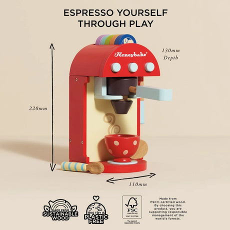 Honeybake wooden toy coffee machine showing dimensions (220mm high, 110mm wide) and FSC-certified wood details.
