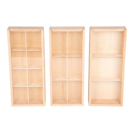 A set of natural wooden boxes with various openings and textures, designed to encourage sensory exploration and fine motor development in young children.