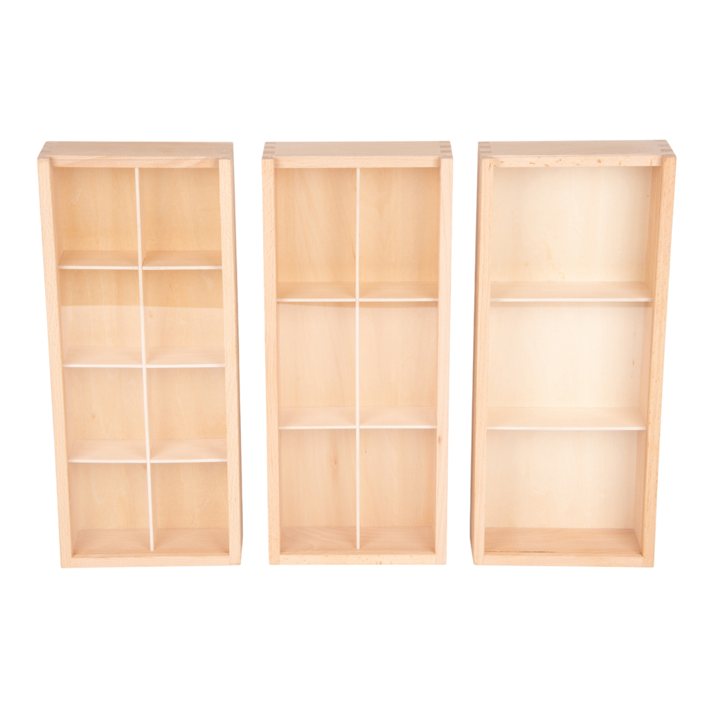 A set of natural wooden boxes with various openings and textures, designed to encourage sensory exploration and fine motor development in young children.