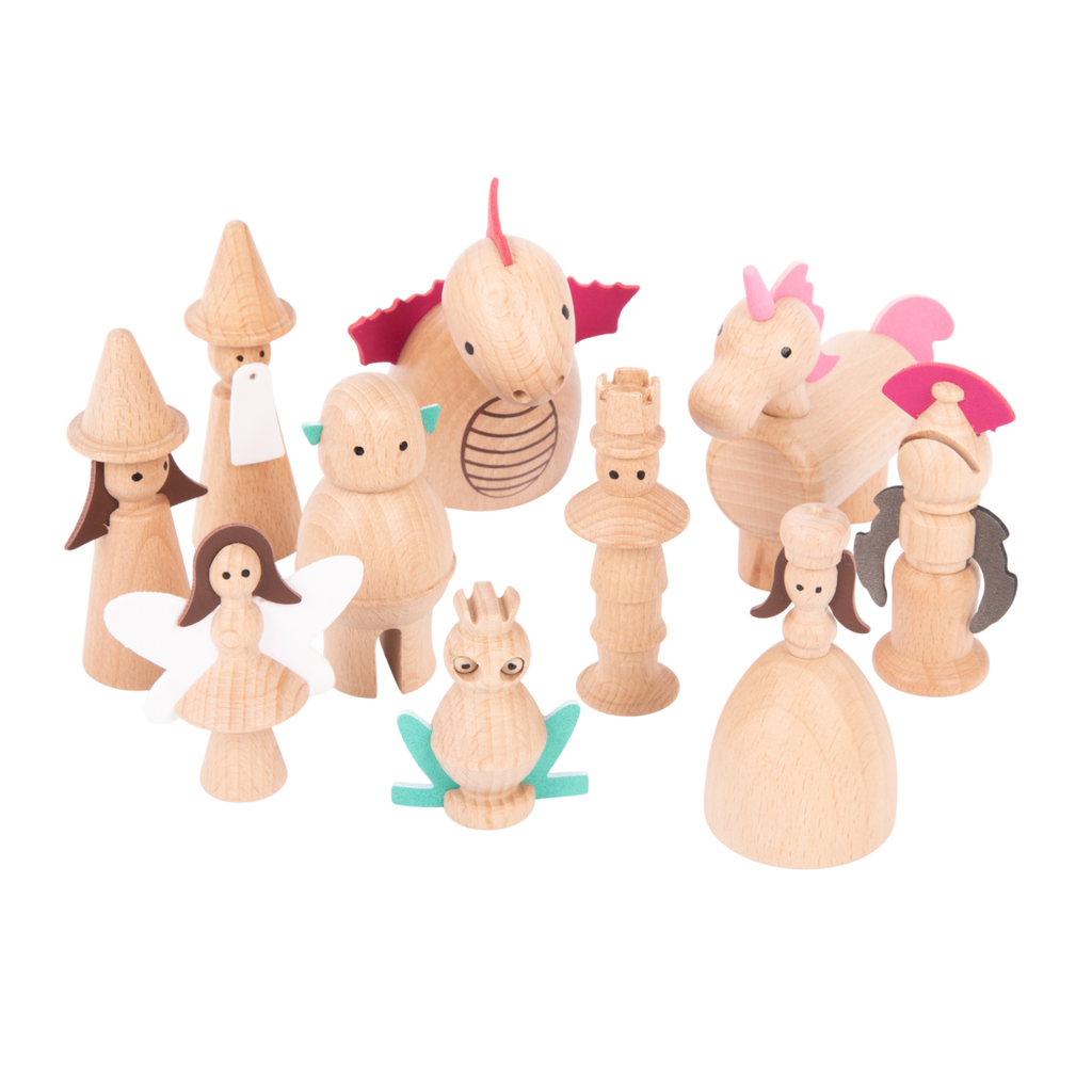 A collection of beautifully crafted wooden characters inspired by fairy tales and fantasy, ideal for imaginative play and storytelling.