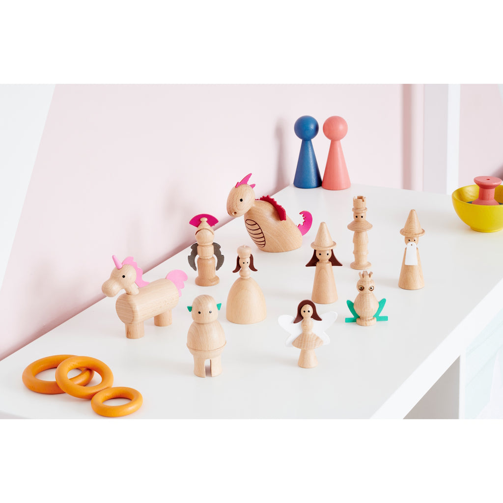 A collection of beautifully crafted wooden characters inspired by fairy tales and fantasy, ideal for imaginative play and storytelling.