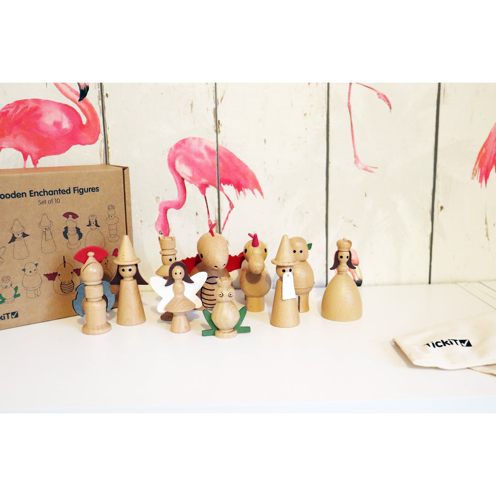 A collection of beautifully crafted wooden characters inspired by fairy tales and fantasy, ideal for imaginative play and storytelling.