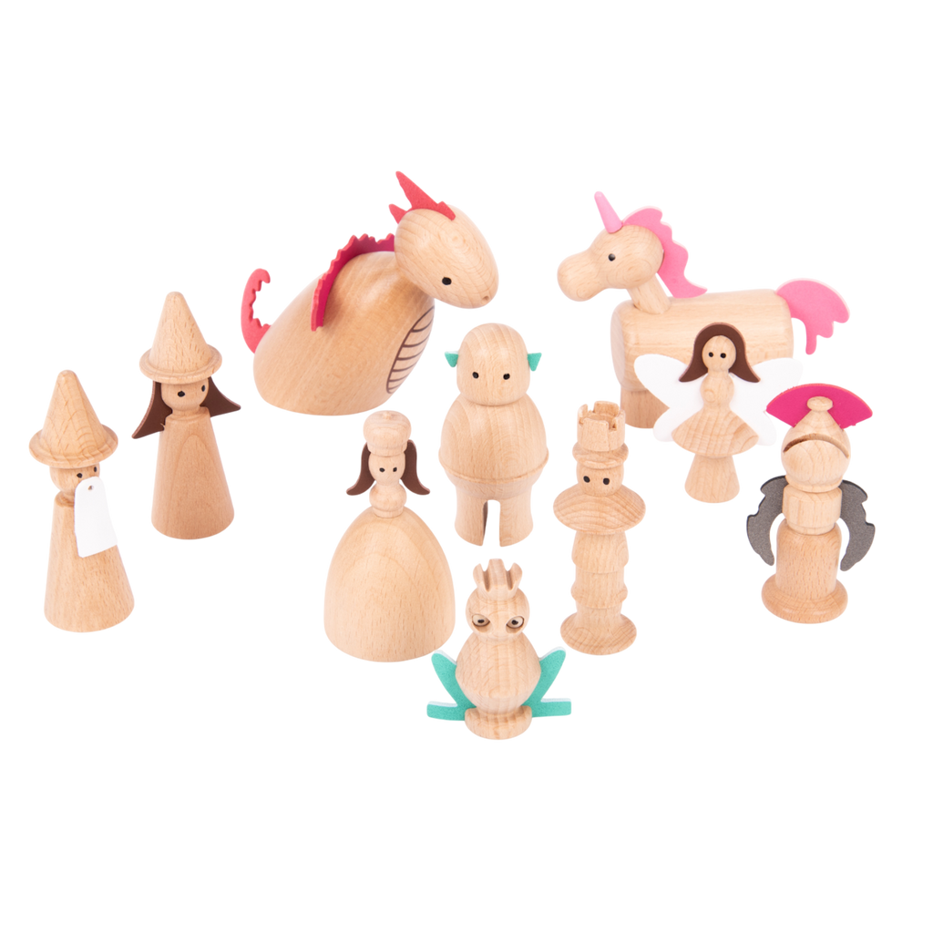 A collection of beautifully crafted wooden characters inspired by fairy tales and fantasy, ideal for imaginative play and storytelling.