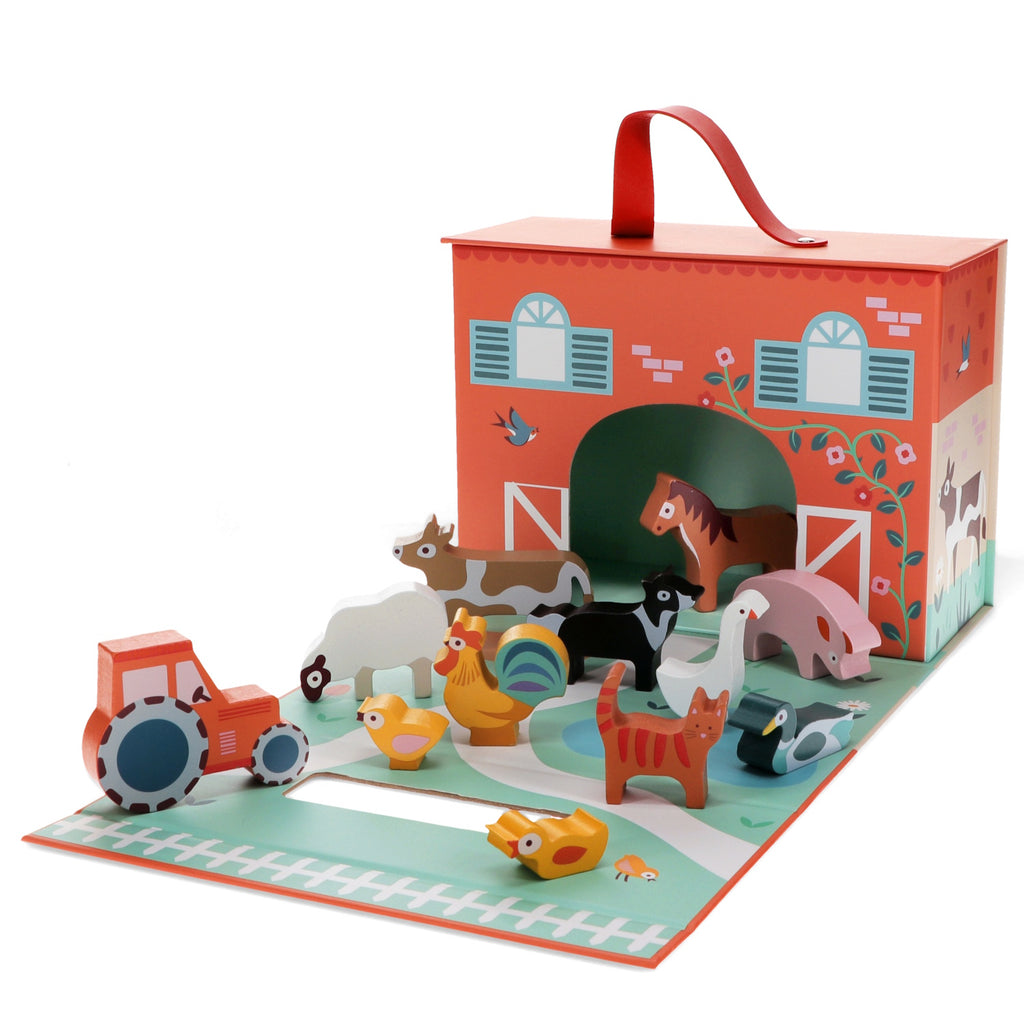 A colorful set featuring wooden farm animals, a farmer, and accessories, designed for imaginative play and easy storage in a carry box.