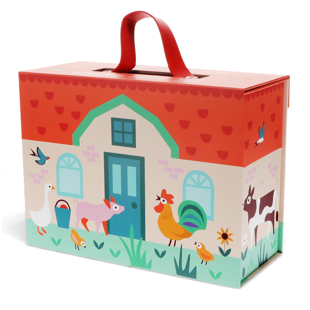 A colorful set featuring wooden farm animals, a farmer, and accessories, designed for imaginative play and easy storage in a carry box.