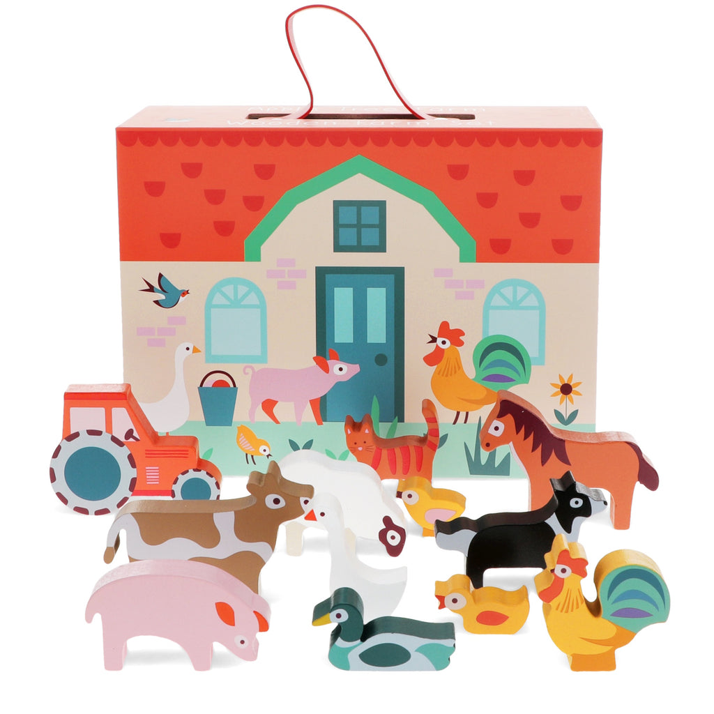 A colorful set featuring wooden farm animals, a farmer, and accessories, designed for imaginative play and easy storage in a carry box.