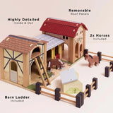 Wooden farmyard stable playset with labeled features including removable roof panels, horses, and a ladder.