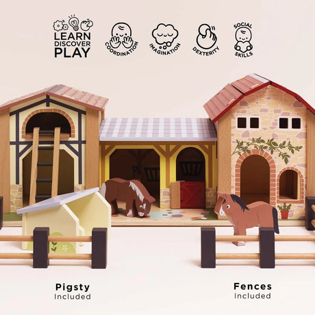 Wooden farmyard stable playset with icons for coordination, imagination, dexterity, and social skills.