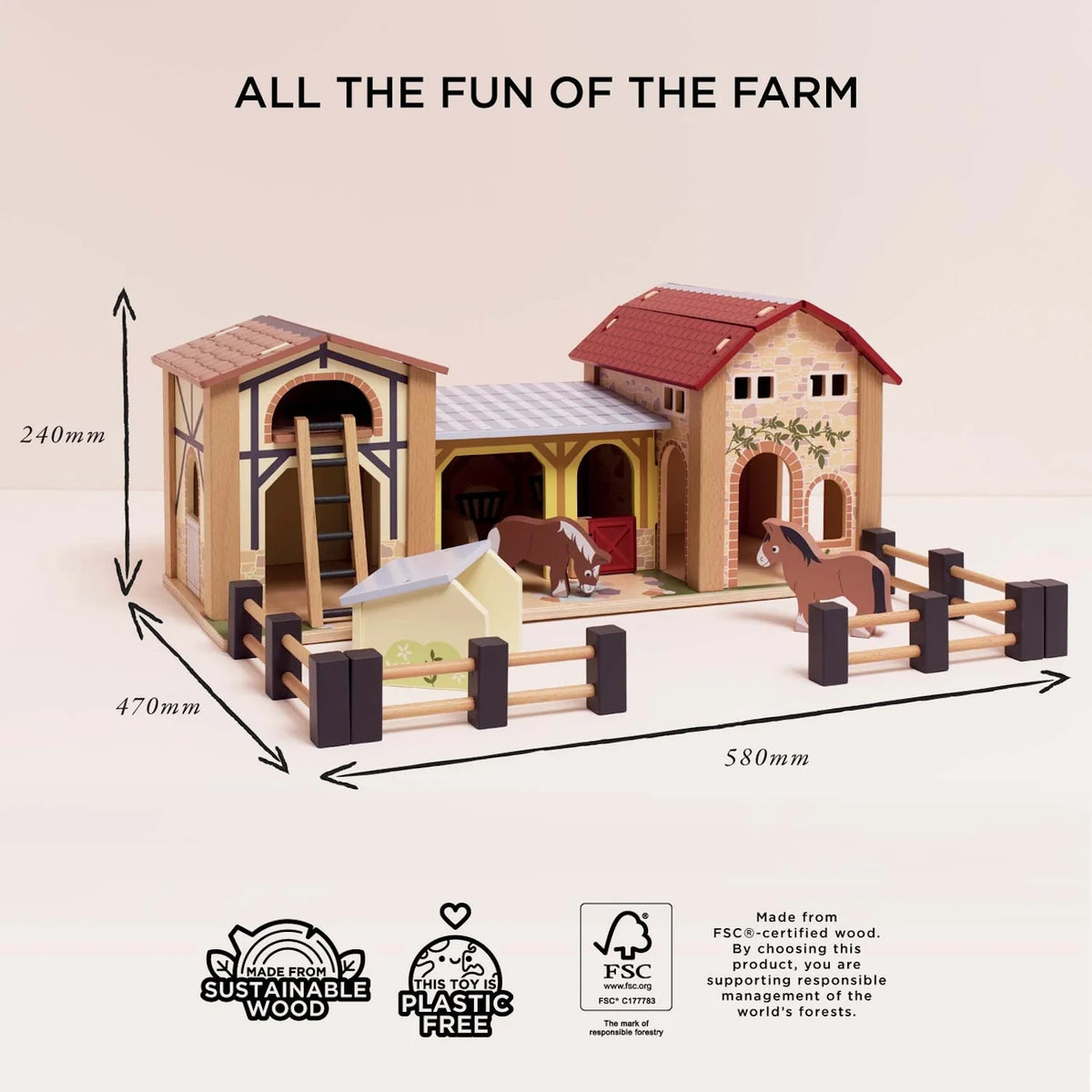Wooden farmyard stable playset with dimensions, sustainability badges, and toy horses.