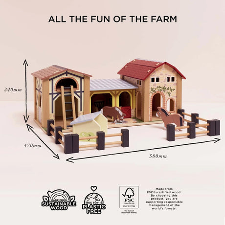 Wooden farmyard stable playset with dimensions, sustainability badges, and toy horses.