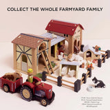Wooden farmyard stable playset with a red tractor, trailer, farmer character, and various farm animals.