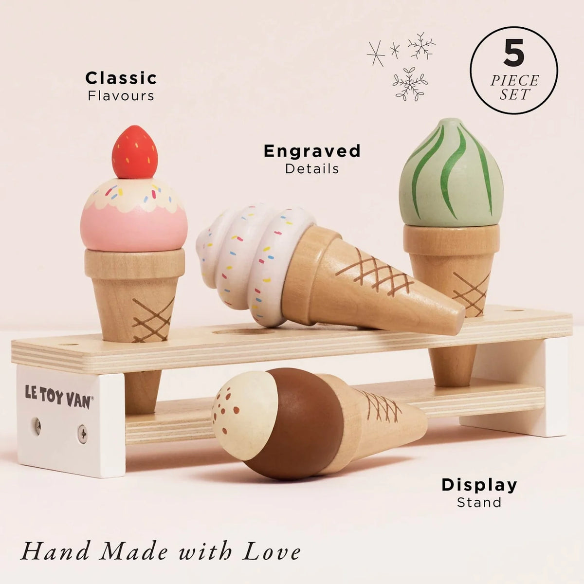 Le Toy Van 5-piece wooden toy ice cream set with display stand and engraved details.