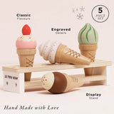 Le Toy Van 5-piece wooden toy ice cream set with display stand and engraved details.