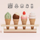 Four wooden ice cream toy cones on a stand, with icons above promoting play skills.