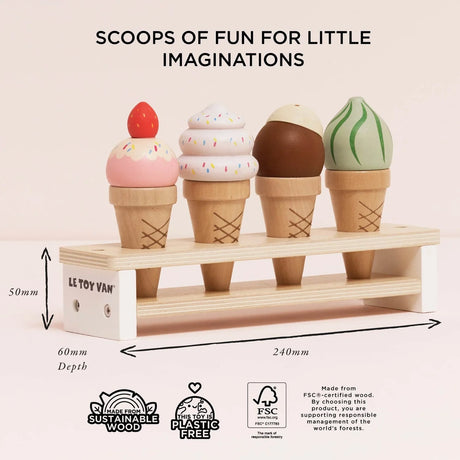 Dimensions and eco-friendly features of the Le Toy Van wooden ice cream set with stand.