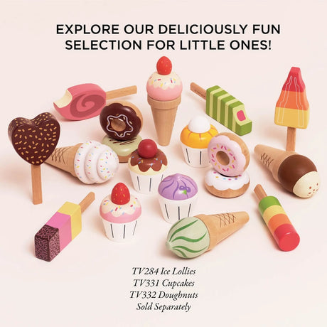Assortment of wooden toy ice lollies, cupcakes, and doughnuts sold separately.