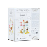 Back of the packaging for the Le Toy Van 13-piece wooden ice cream stand toy set.