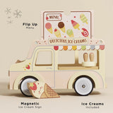 Wooden toy ice cream van with a flip-up menu and magnetic sign.