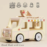 Wooden toy ice cream van highlighting developmental play benefits.
