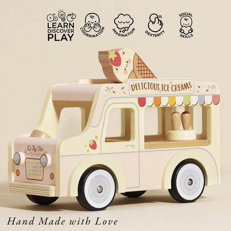 Wooden toy ice cream van highlighting developmental play benefits.