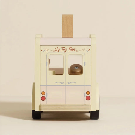 Rear view of Le Toy Van wooden ice cream toy showing back doors, taillights, and brand logo.