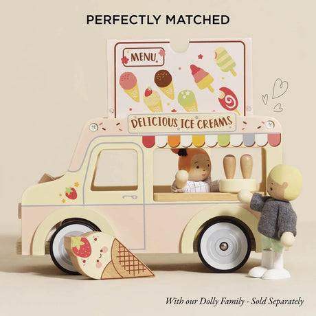 Wooden toy ice cream van with a flip-up menu, magnetic sign, and doll figurine.