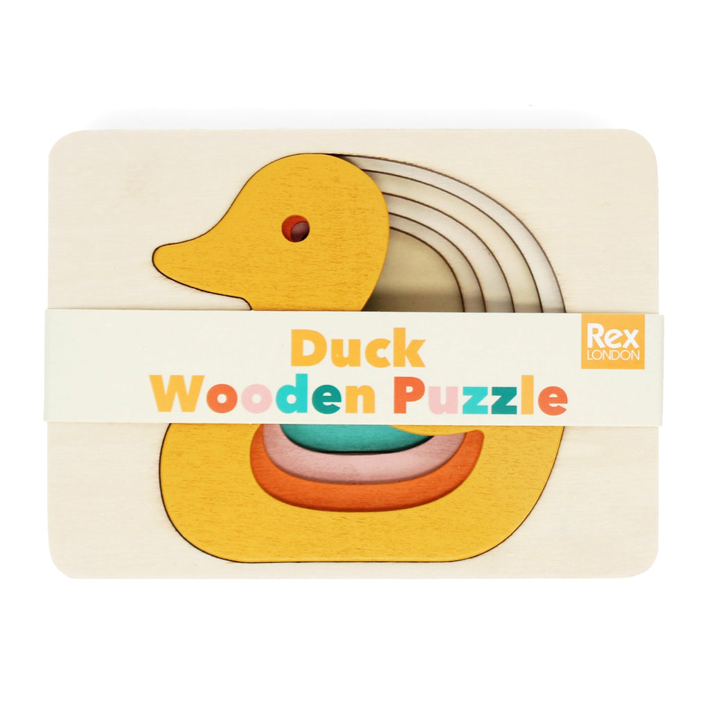 A vibrant, multi-layered wooden puzzle featuring a playful duck design, perfect for young children to piece together.