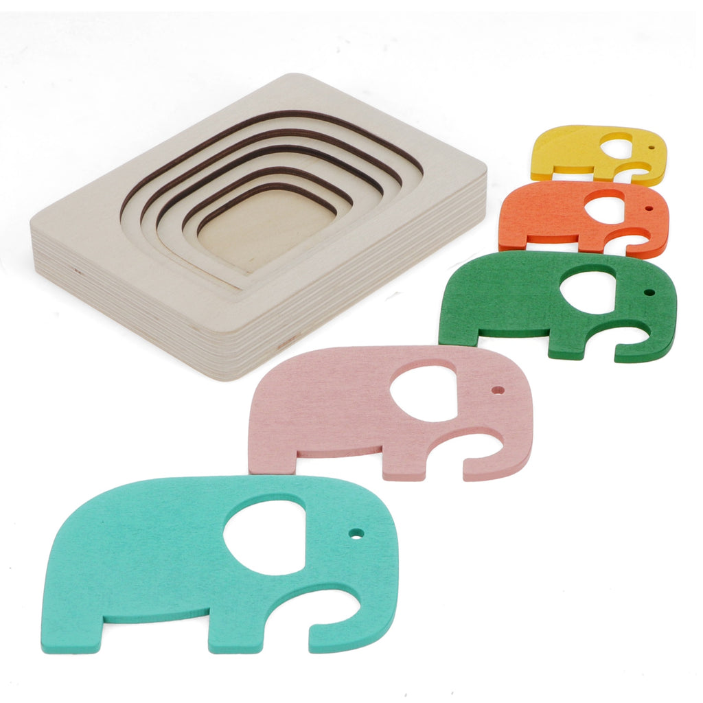 A set of colorful wooden elephant shapes in pink, green, orange, and yellow, alongside nested wooden frames.