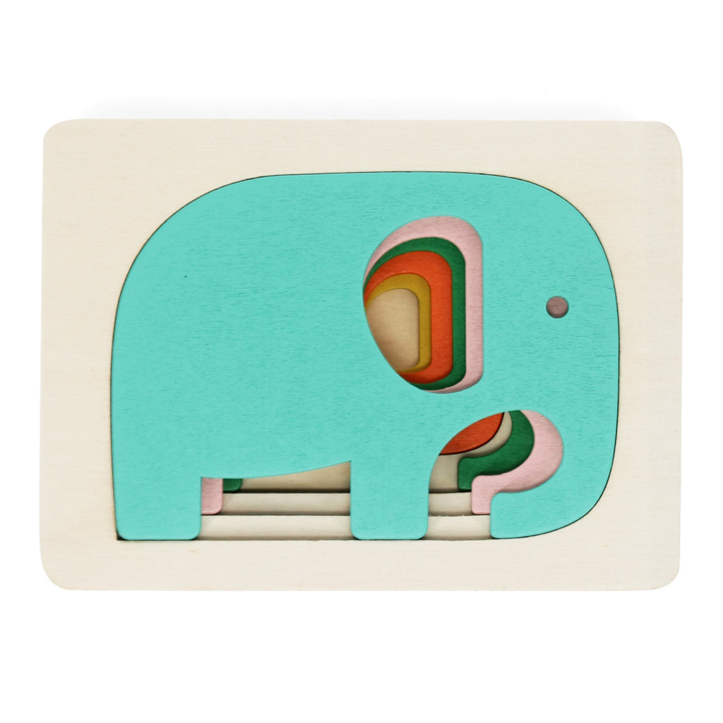 A multi-layered wooden puzzle featuring a colorful elephant design, perfect for young children to assemble and explore.