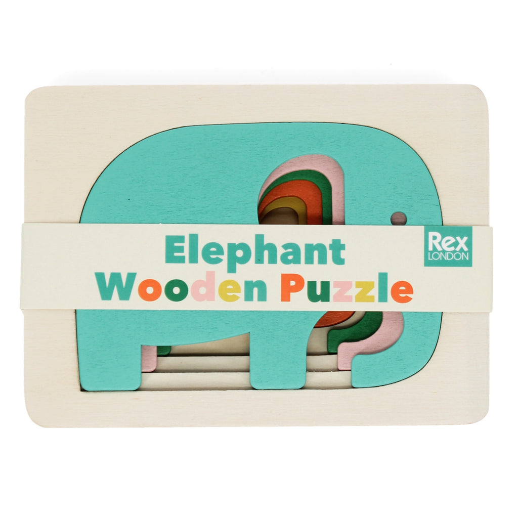 A multi-layered wooden puzzle featuring a colorful elephant design, perfect for young children to assemble and explore.
